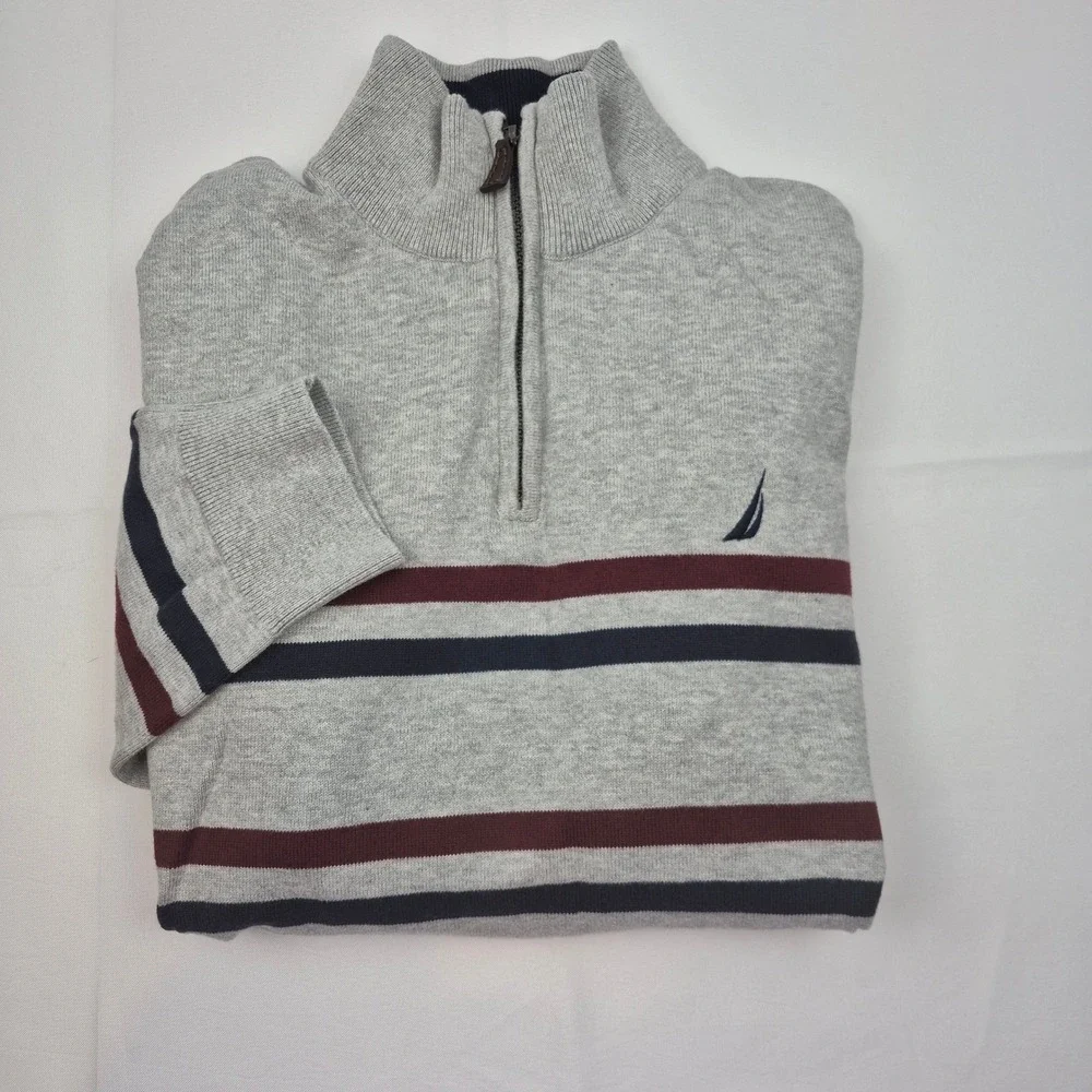 Nautica Men's L Gray Striped‎ Quarter Zip Pullover Sweater Logo Preppy Classic